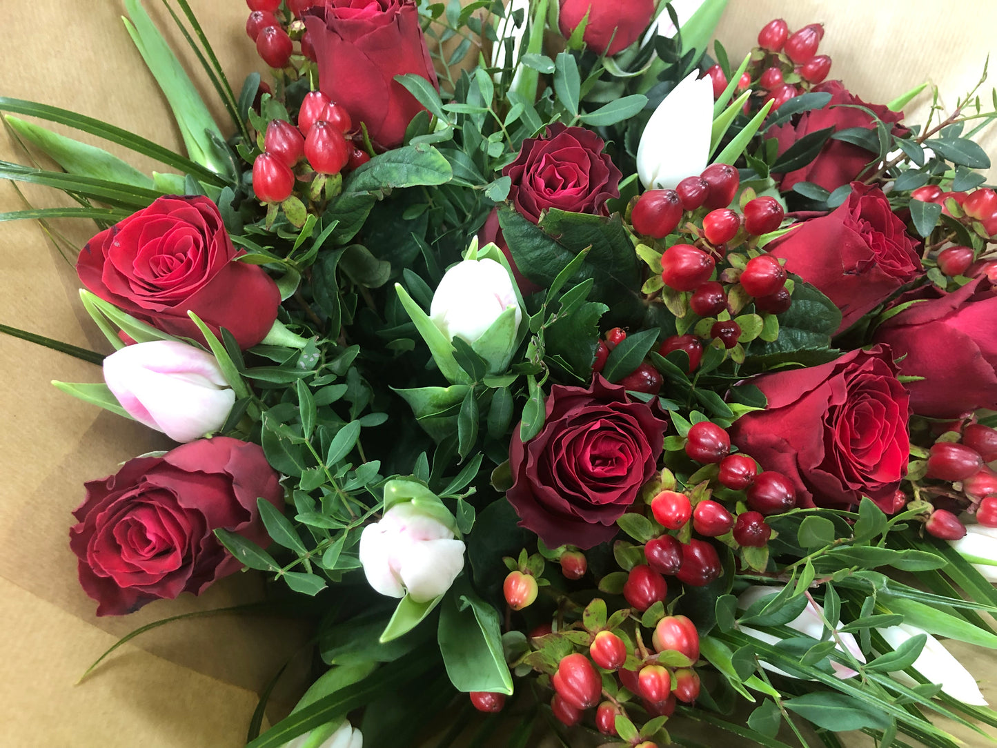 Red Roses With Tulips & Berries