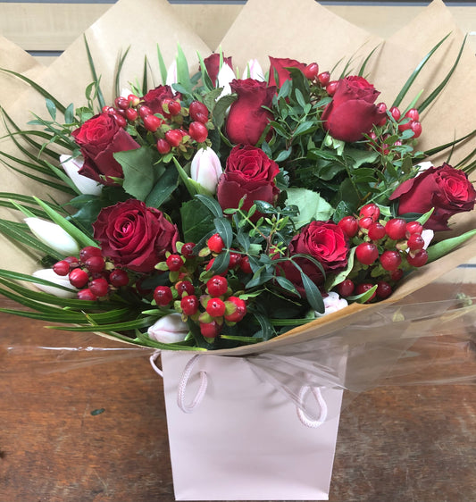 Red Roses With Tulips & Berries