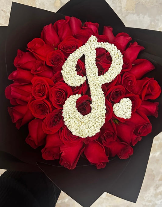 50 Red Rose Bouquet with Gypsophila Initial